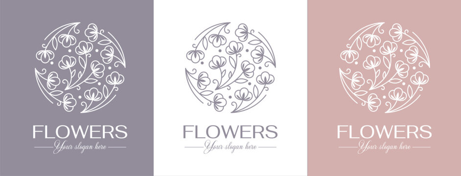 Flower logo. Cotton flower in a circle. Cotton flower. Logo in trendy linear style for clothing, hotel, cosmetics logo.