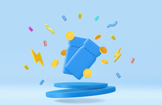 3d coupon with coins in blue podium background