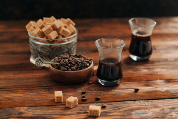 Coffee espresso in glass cup with brown sugar turkish drink