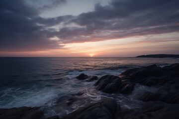 A tranquil evening seascape featuring streaks of wispy clouds, creating a serene ambiance as dusk descends. Generative AI