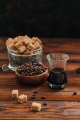 Coffee espresso in glass cup with brown sugar turkish drink