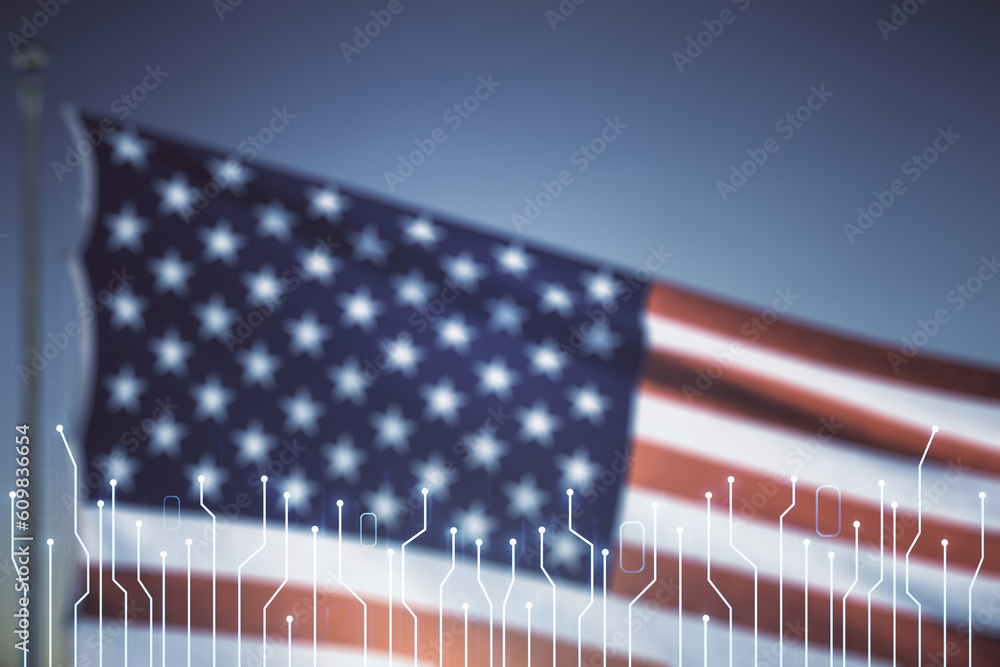 Poster abstract virtual microscheme illustration on usa flag and sunset sky background. big data and databa