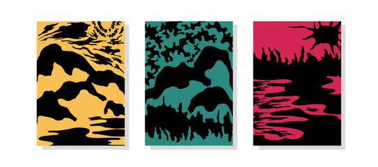 Surreal landscapes. Posters in engraving style. Vector template