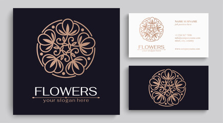 Flower logo. Cotton flower in a circle. Cotton flower. Logo in trendy linear style for clothing, hotel, cosmetics logo.