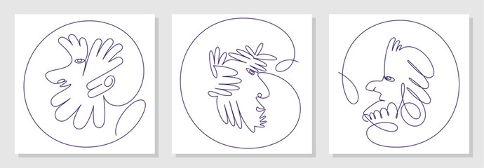 Fototapeta premium Trendy abstract faces set. Funny caricatures. Side view in profile. Contemporary minimal lineart vector illustrations