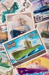 Old soviet military theme stamps, USSR - CIRCA 1984: A stamp printed in USSR Russia , shows the Soviet ships, ice breakers and submarines