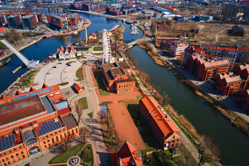 Fototapeta premium Aerial view of Gdansk city in Poland. Historical center in old town in european city. Panoramic view of modern european city
