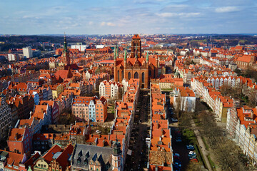 Aerial view of Gdansk city in Poland. Historical center in old town in european city. Panoramic view of modern european city