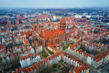 Aerial view of Gdansk city in Poland. Historical center in old town in european city. Panoramic view of modern european city