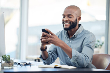 Black man in office, check social media on smartphone and smile at meme, lunch break and...
