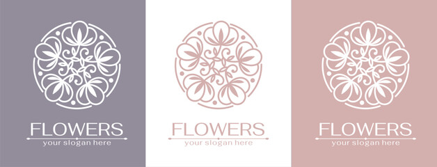 Flower logo. Cotton flower in a circle. Cotton flower. Logo in trendy linear style for clothing, hotel, cosmetics logo.