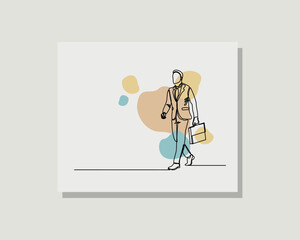 continuous single one line drawing vector design illustration of a business man walk and hold briefcase wearing formal suit in boho style design
