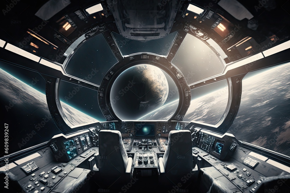 Poster spaceship dark interior with view on distant planets solar system. generative ai aig15.