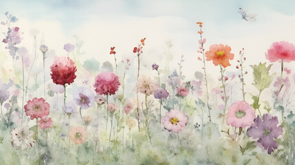 Watercolor flower field with flowers. Floral dreamy landscape nature background. Botanical AI illustration. For wallpaper, cards.