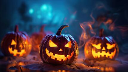 Scary halloween pumpkins with dark background.