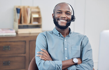 Happy black man, call center and arms crossed in portrait, pride and customer service job at...