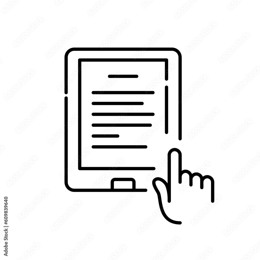 Poster electronic books reader device with text on screen. finger tapping on touch screen. pixel perfect, e