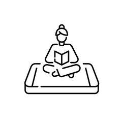 Girl sitting in comfortable clothes reading a book. Digital library app for smartphone. Pixel perfect, editable stroke icon