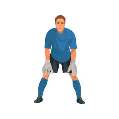 Isolated figure of football goalkeeper in blue uniform who stands upright in goal and waits for the ball