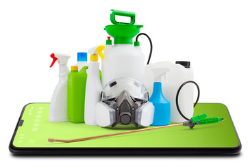 Disinfection, fertilizer and pesticide products from smartphone, isolated on white background....