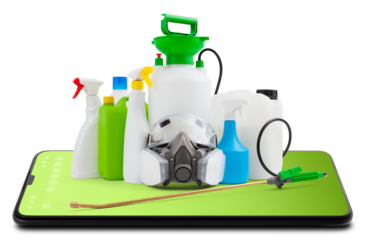 Disinfection, fertilizer and pesticide products from smartphone, isolated on white background. Protective respirator mask, pump pressure sprayer and spray bottles. Online shopping commerce concept