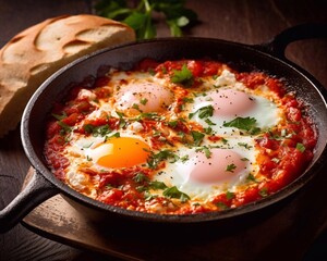 Shakshuka - eggs, tomato, and parsley in a iron pan on dark background. Traditional Middle Eastern dish. Top view. AI generated