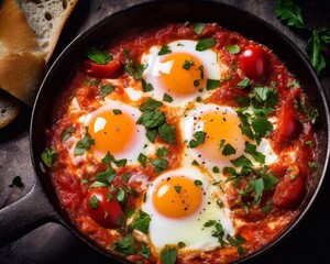 Shakshuka - eggs, tomato, and parsley in a iron pan on dark background. Traditional Middle Eastern dish. Top view. AI generated