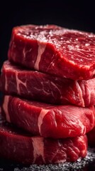  Raw steaks stack on black background. AI generated