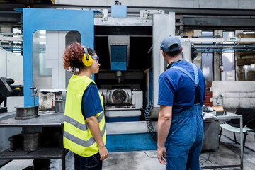 Maintenance engineer examining coworker working on machinery in modern factory
