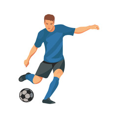 Fototapeta na wymiar Isolated vector figure of football player in a blue sports uniform who is going to kick the ball with his foot