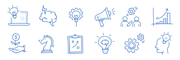 Business idea, startup doodle line icon set. Hand drawn doodle sketch line style business strategy, finance goal concept. Rocket, target, brain cute element. Vector illustration