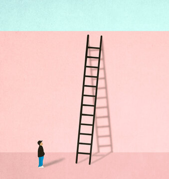Illustration of small boy looking at ladder