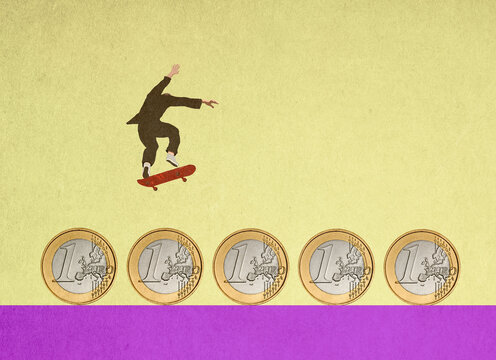 Illustration of businessman skateboarding over row of one Euro coins