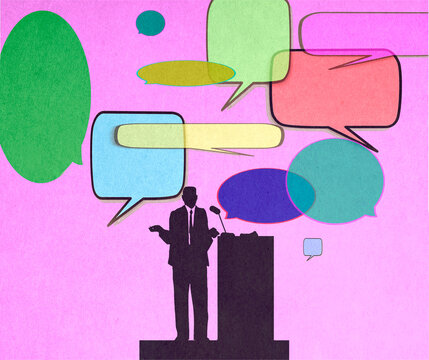 Illustration of blank speech bubbles over male public speaker