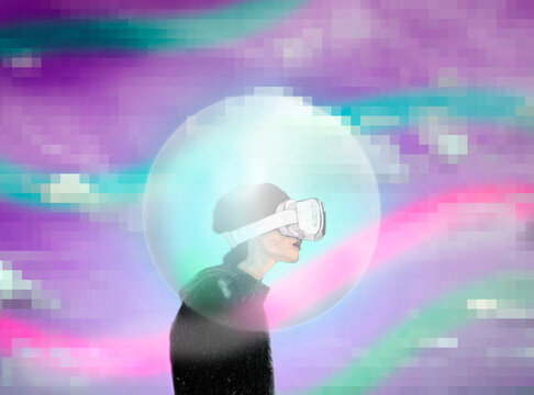 Illustration of bubble protecting woman wearing VR set
