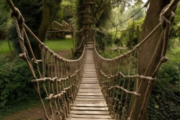Fototapeta premium Hanging wooden bridge in lush greens in the adventure rope park. Generative AI