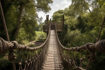 A long narrow suspension bridge with a wooden floor in an adventure rope park. Generative AI