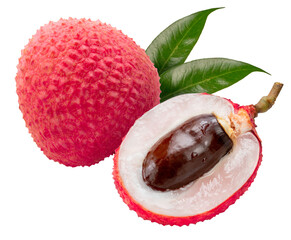 Red Lychee fruit on white background, Fresh Red Lychee or Litchi chinensis fruit on White Background Png File.