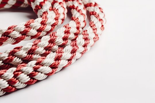 Close-up twisted red and white marine nylon rope on a white background. Generative AI