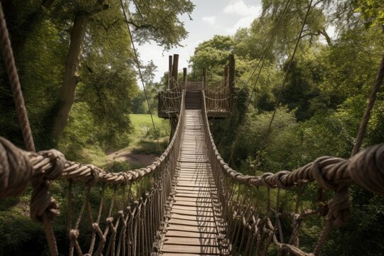 Fototapeta A long narrow suspension bridge with a wooden floor in an adventure rope park. Generative AI