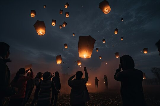 Thai people floating sky lantern in northern Thai traditional new year , Yi Peng Festival and Loy Krathong festival. Generative AI