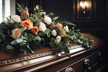 Wooden coffin with a beautiful arrangement of flowers on the lid. Funeral ceremony and farewell. Close-up. Generative AI - obrazy, fototapety, plakaty