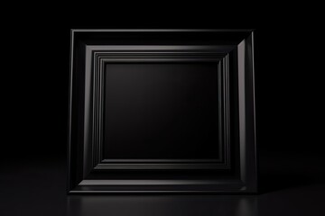 Funeral black photo frame on a dark table on a black background. Space for design. Generative AI