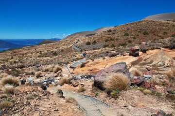 Tongariro / New Zealand - 18 Dec 2018: Track in Tongariro national Park, New Zealand