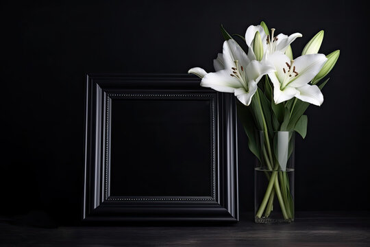 Front view on black funeral photo frame with bouquet of white lily on black table against dark background. Space for design. Generative AI
