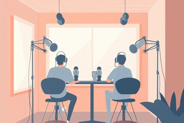 Illustration of two men lead the podcast. Broadcast in radio studios. Live broadcast on the internet. Generative AI