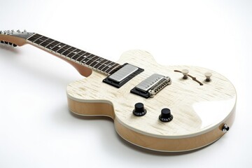 Fototapeta na wymiar Classical electric guitar made of light wood on a white background. Generative AI