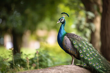Obraz premium Male peacock walks through a green garden. Generative AI