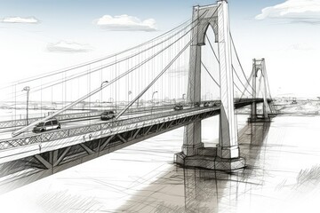 Giant road bridge with pylons across the river. Pencil drawing style illustration. Generative AI