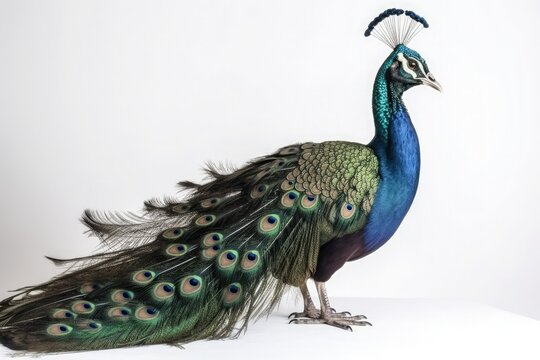 Male peacock with folded tail isolated on white background. Generative AI